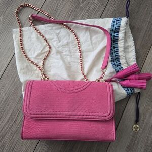 Tory Burch Hot Pink Snake Skin Embossed Small Flemming Purse